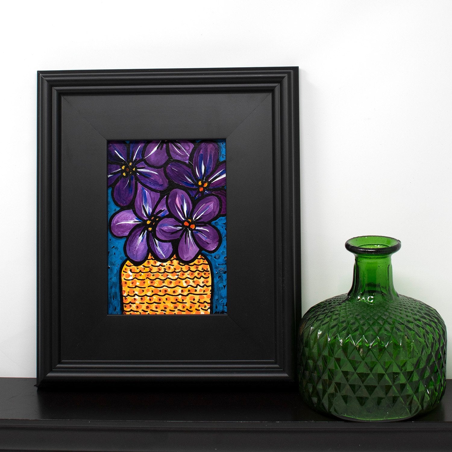 Purple Violet Painting Original - Framed Floral Art 