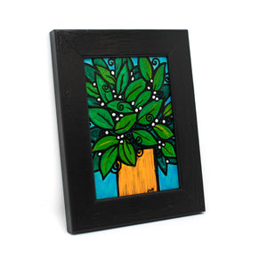 Small Framed Painting - Green Plant Still Life - 5x7 Original Art by Claudine Intner