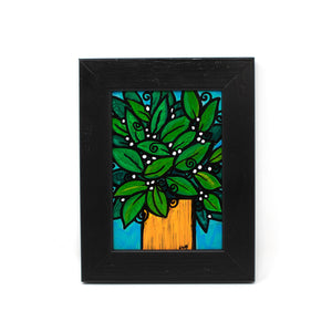 Small Framed Painting - Green Plant Still Life - 5x7 Original Art by Claudine Intner