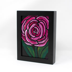 Small Ranunculus Painting - Framed Flower Art - 5 x 7 inches - Magenta Pink and Green