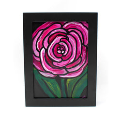 Small Ranunculus Painting - Framed Flower Art - 5 x 7 inches - Magenta Pink and Green