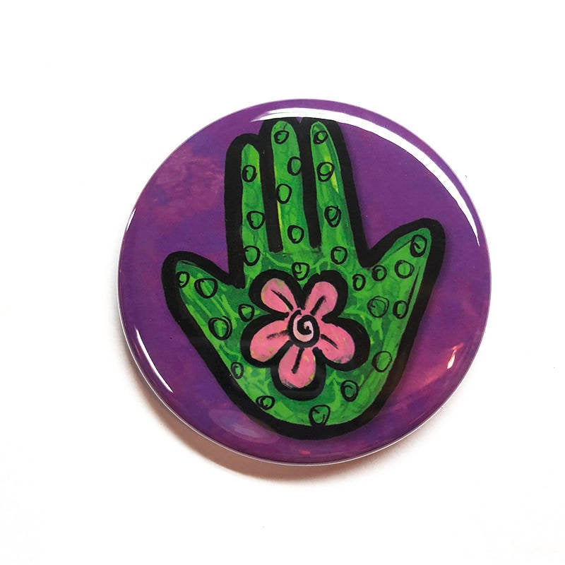 Flower Hamsa Magnet, Pin Back Button or Pocket Mirror