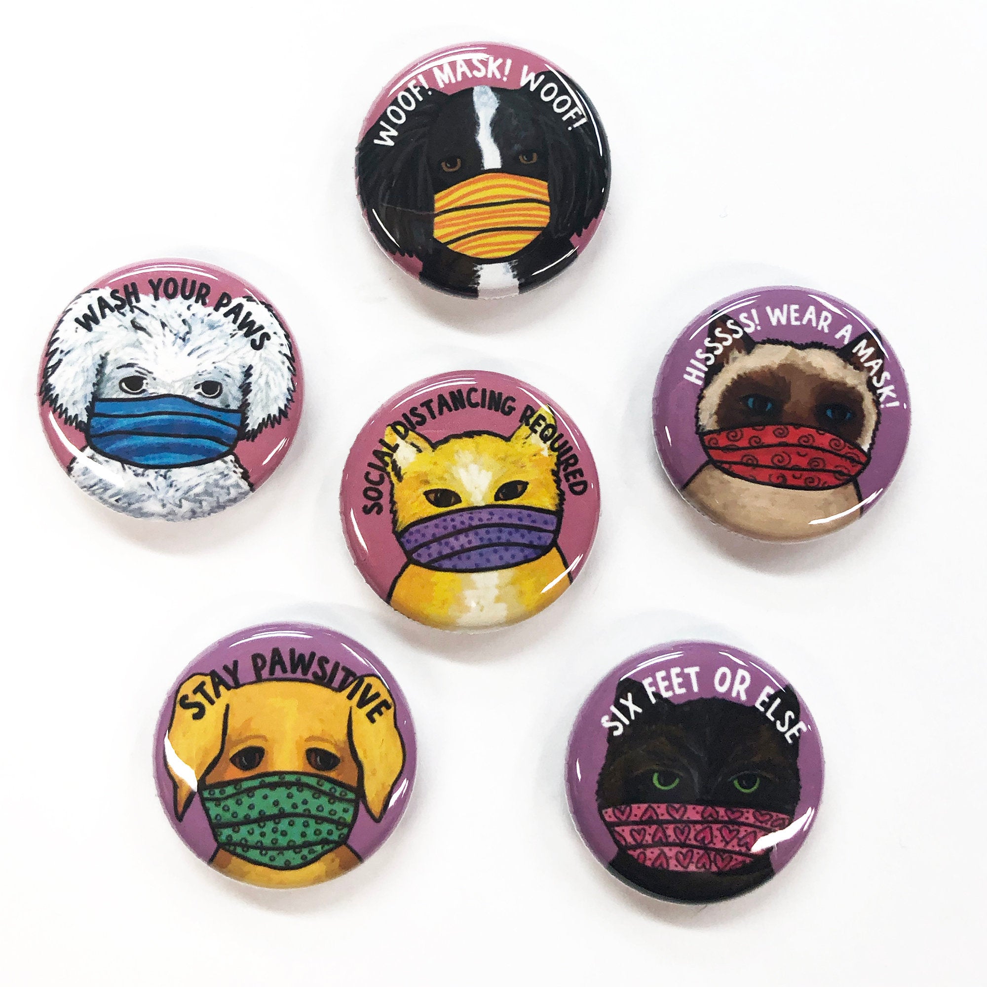 Cats and Dogs in Masks Magnet or Pin Back Button Set