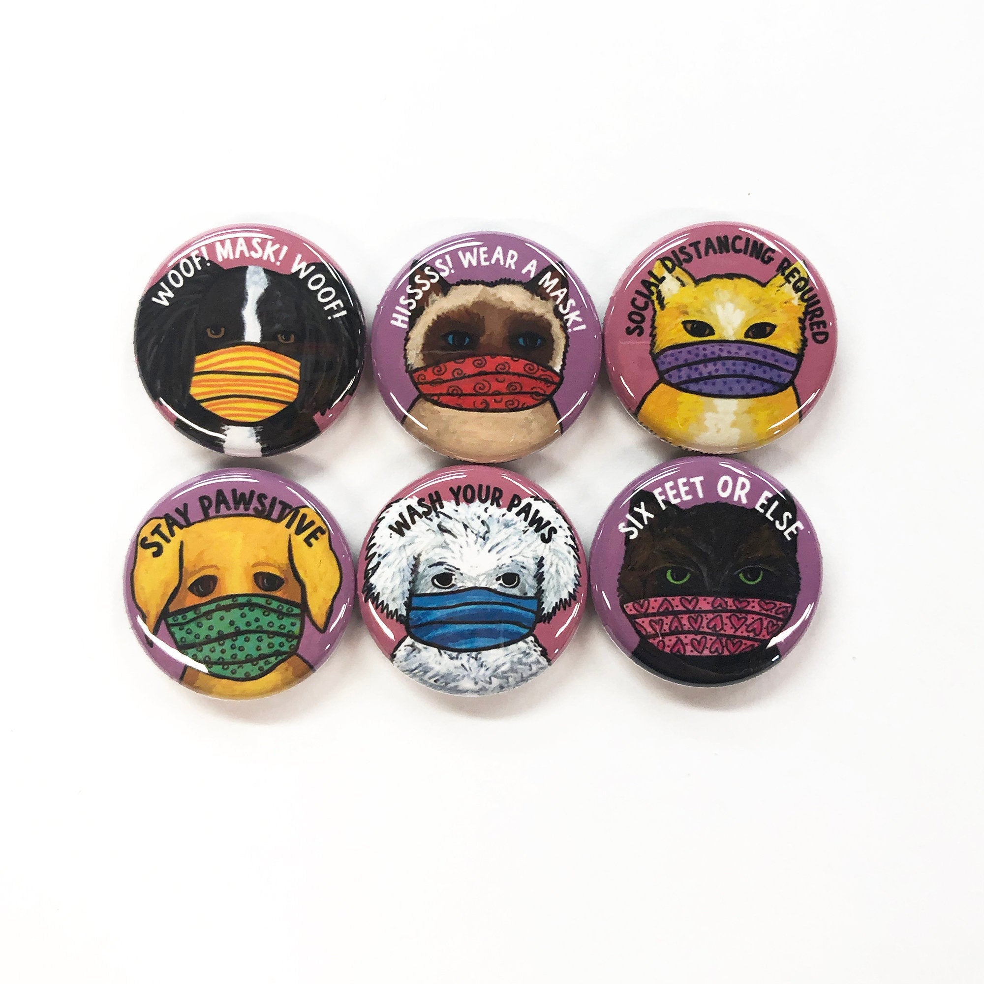 Cats and Dogs in Masks Magnet or Pin Back Button Set