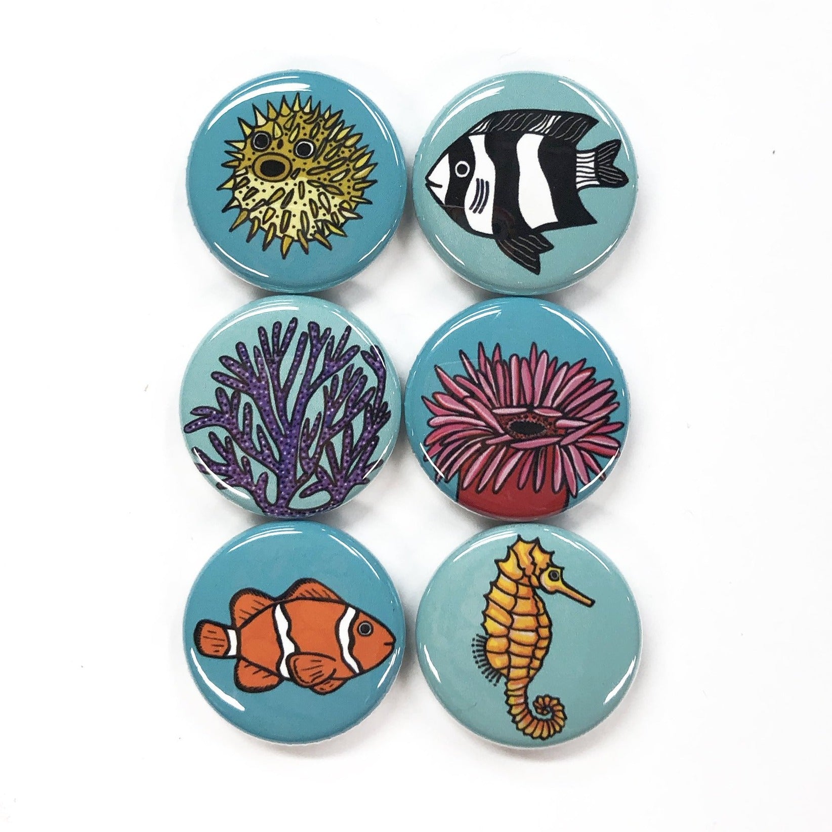 Coral Reef Fish Magnet or Pinback Button Set 1 inch Magnets