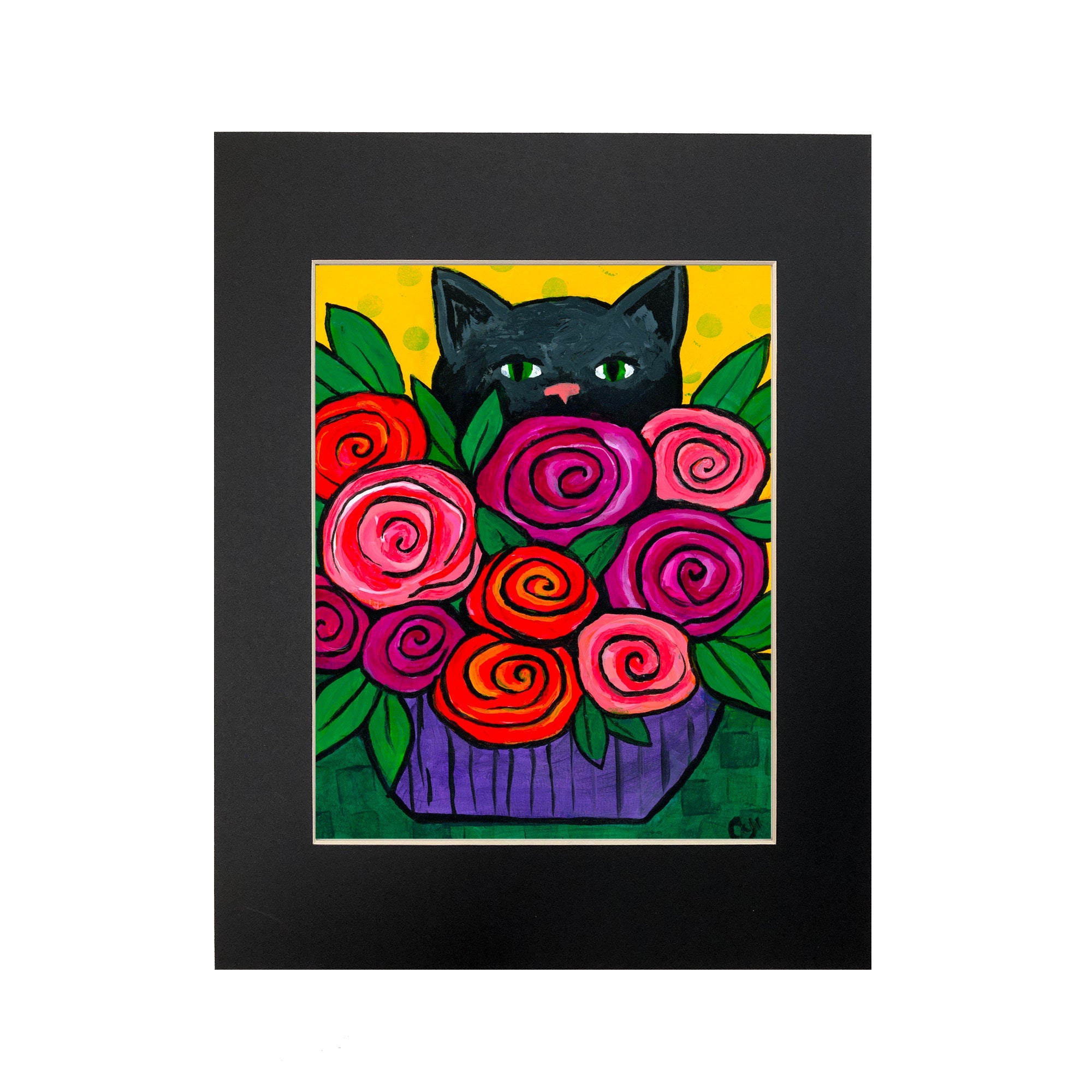 Black Cat with Roses Print
