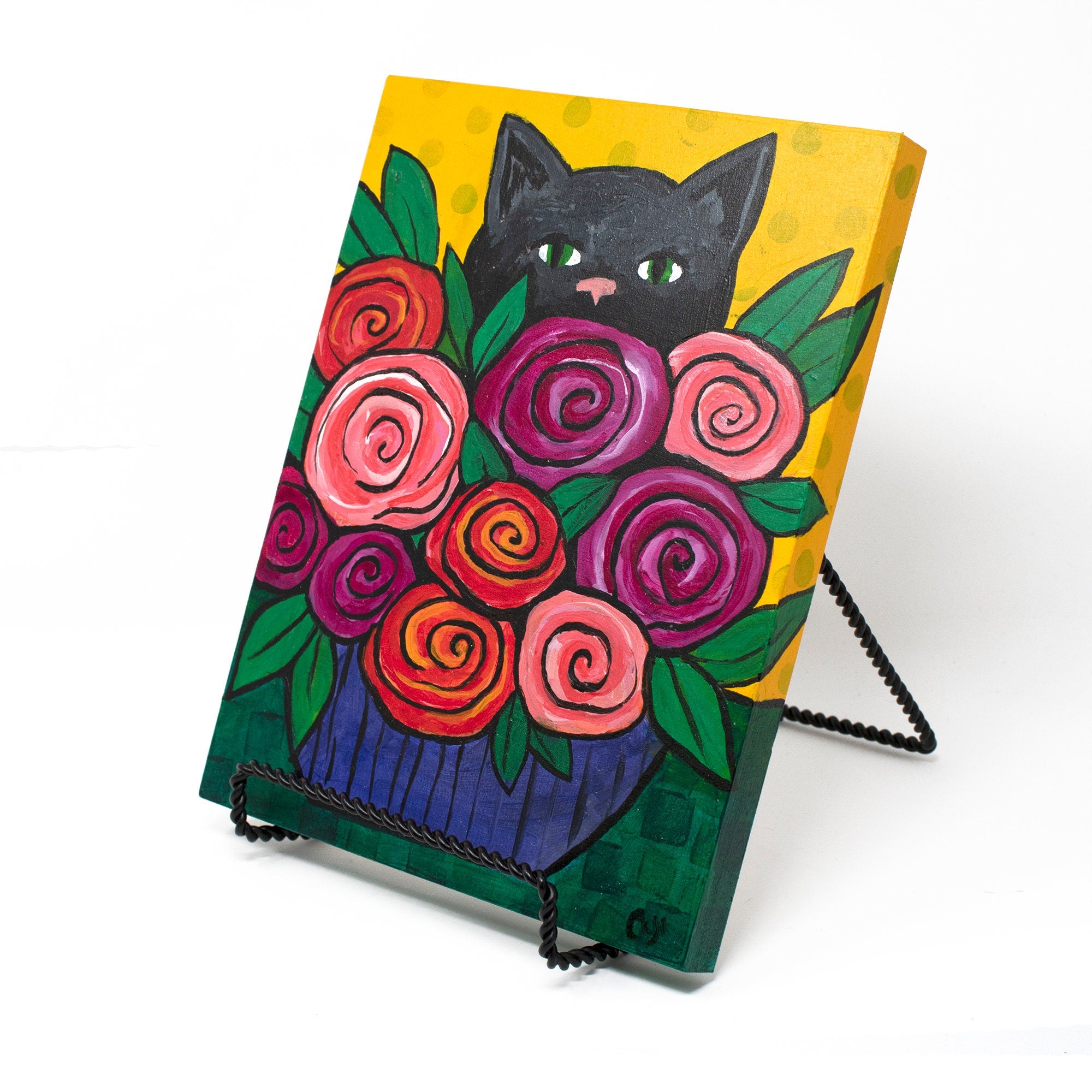 Black Cat with Flowers Painting - Original Rose Kitty Art - Colorful Cat Lover Gift