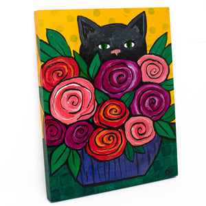 Black Cat with Flowers Painting - Original Rose Kitty Art - Colorful Cat Lover Gift