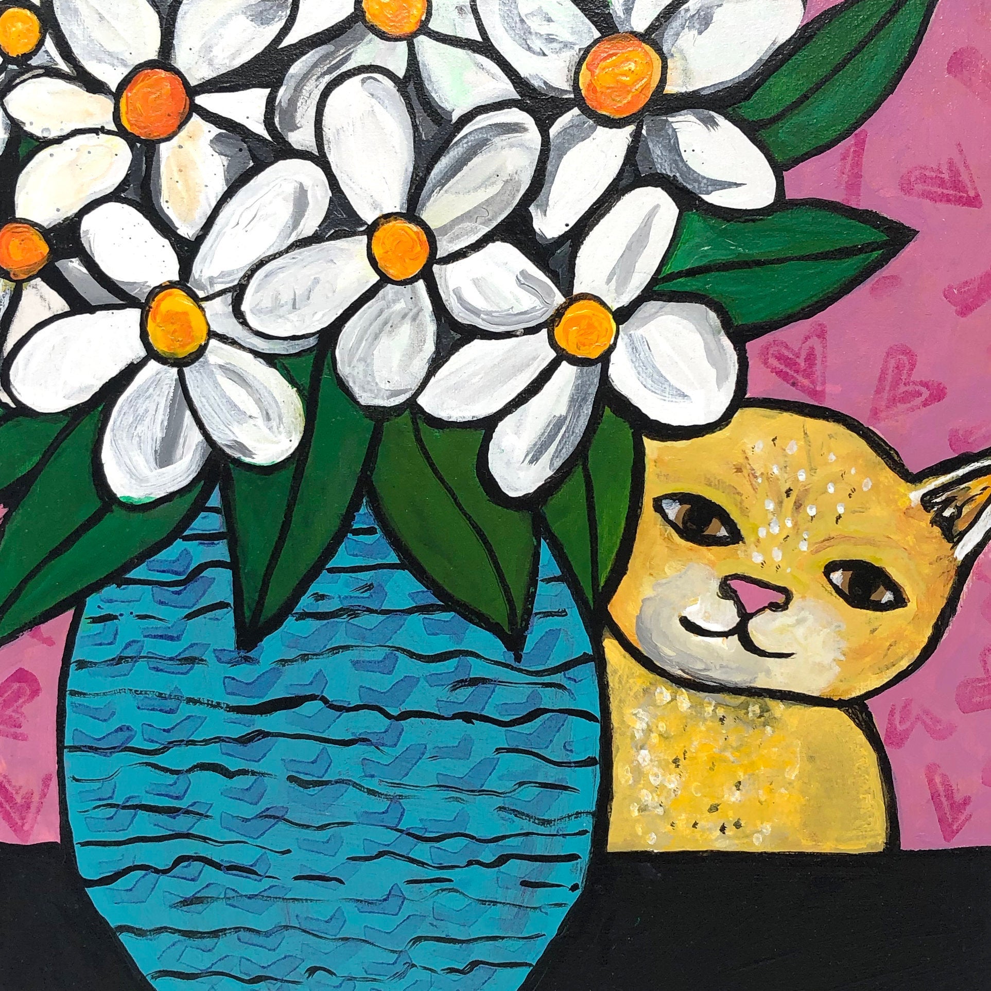 Yellow Tabby Cat with Flowers Painting