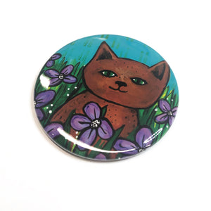 Brown Cat Magnet, Pin, or Pocket Mirror - Cat in Field of Purple Flowers