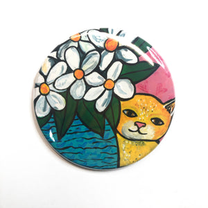 Cute Yellow Cat with White Flowers Magnet, Pin Back Button, or Pocket Mirror - Tabby Cat - Animal Lover Gift