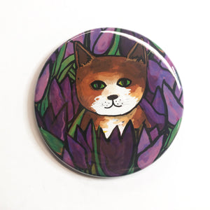 Brown Cat Pocket Mirror, Fridge Magnet, or Pin Back Button - Cat with Purple Tulips - Cat Lover Gift