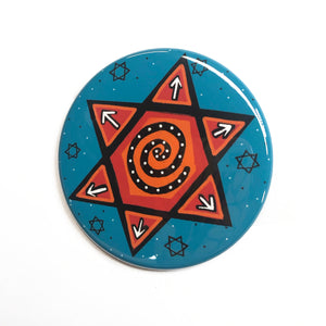 Jewish Star Magnet, Pin Back Button, or Pocket Mirror - Red Star of David on Blue - Hanukkah gift