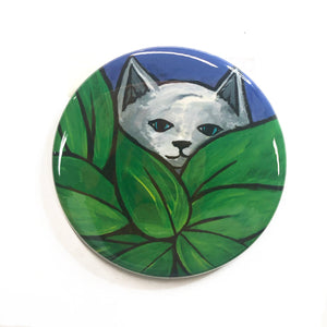 White and Gray Cat Pin, Magnet, or Pocket Mirror - Hide And Seek Cat with Plant Leaves