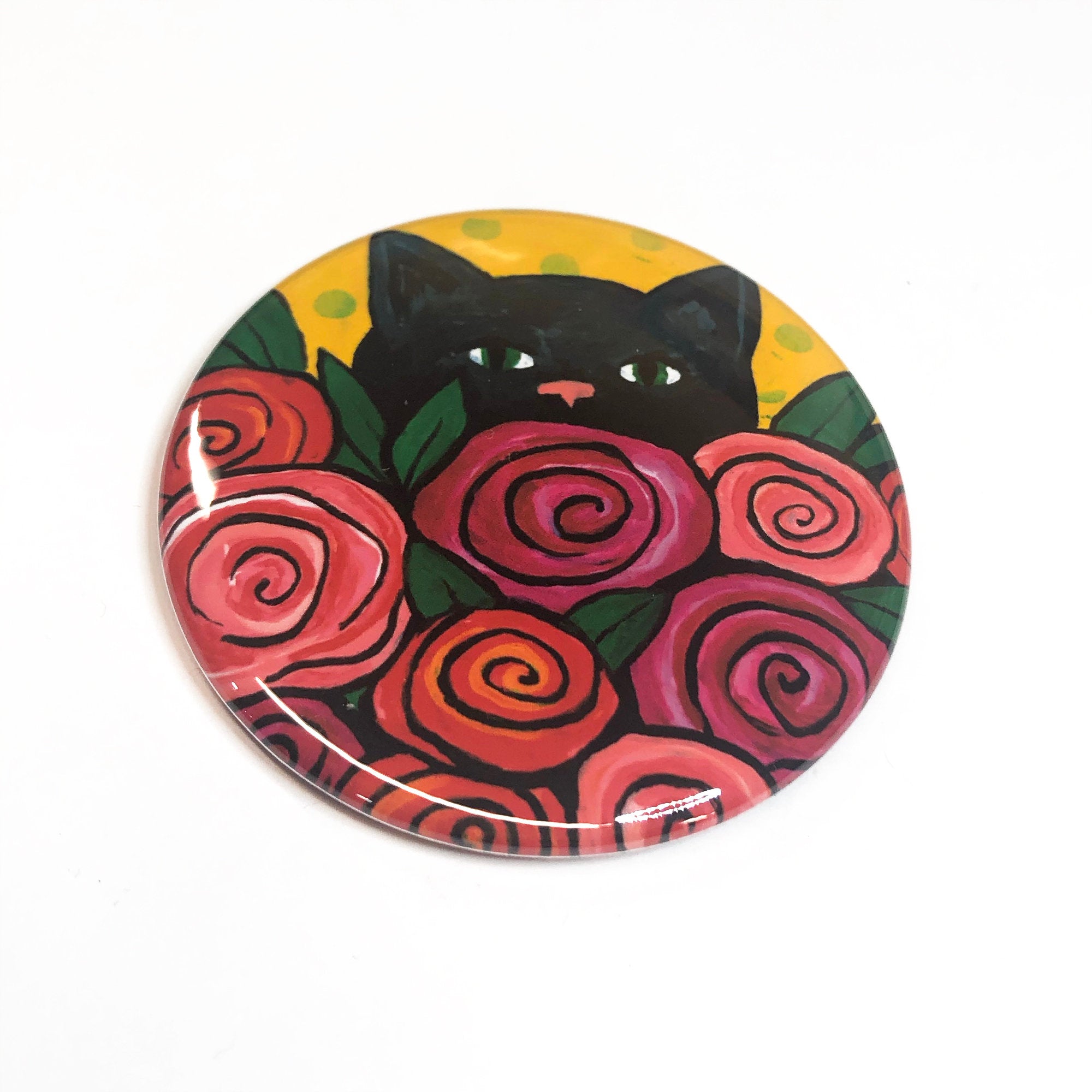 Black Cat Magnet, Pin Back Button, or Pocket Mirror - Rose Kitty - Cat Lover Gift