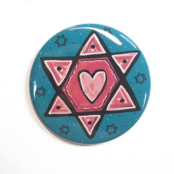 Pink Star of David Pin, Magnet, or Pocket Mirror - Star with Heart - Jewish Fridge Magnets, Hanukkah Pinback Badges, or Purse Mirror