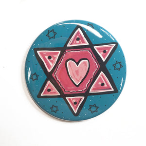 Pink Star of David Pin, Magnet, or Pocket Mirror - Star with Heart - Jewish Fridge Magnets, Hanukkah Pinback Badges, or Purse Mirror