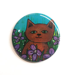 Brown Cat Magnet, Pin, or Pocket Mirror - Cat in Field of Purple Flowers