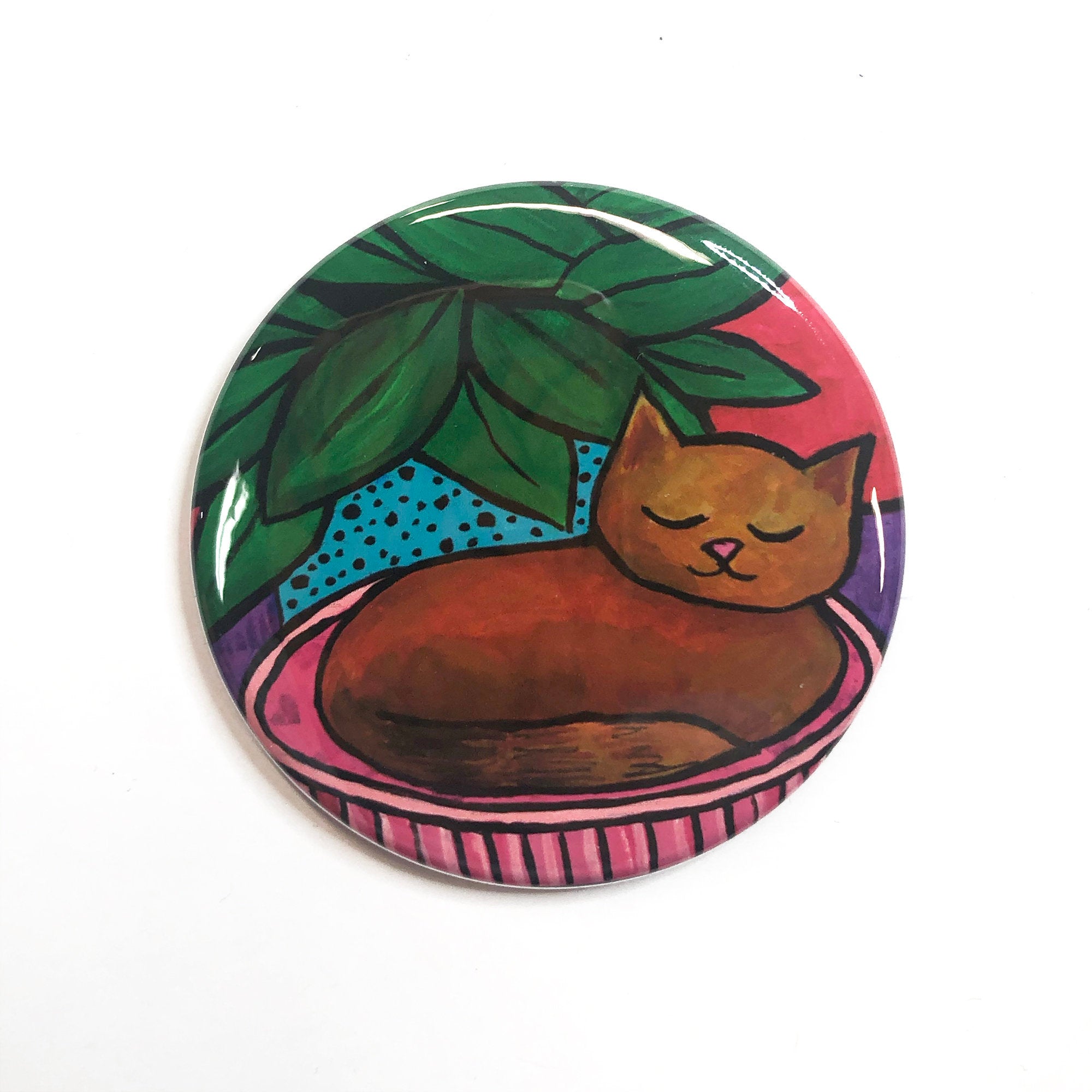 Adorable Sleeping Cat Magnet, Pin, or Pocket Mirror - Brown Cat - Animal Lover Gift