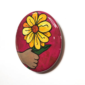 Yellow Flower Magnet, Pin Back Button or Pocket Mirror - Purse Mirror - Hand Holding Yellow Daisy