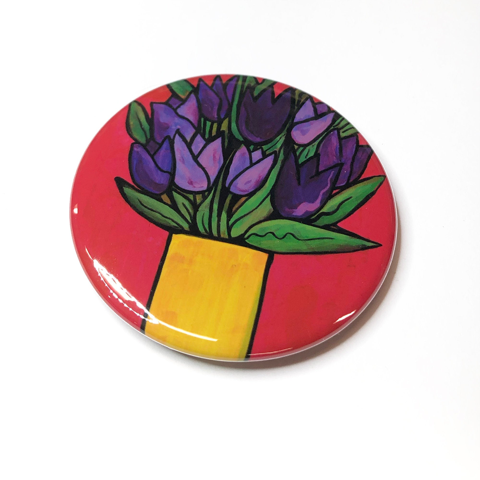 Purple Tulip Magnet, Pin Back Button, or Pocket Mirror - Purple Flowers in Vase - 1 inch, 1.25 inch, 2.25 inch