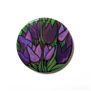 Purple Tulip Magnet, Pin Back Button, or Pocket Mirror  - Flower Magnet for Fridge, Locker, or Board or Flower Pinback or Purse Mirror