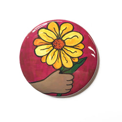 Yellow Flower Magnet, Pin Back Button or Pocket Mirror - Purse Mirror - Hand Holding Yellow Daisy