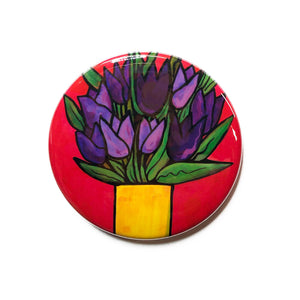 Purple Tulip Magnet, Pin Back Button, or Pocket Mirror - Purple Flowers in Vase - 1 inch, 1.25 inch, 2.25 inch