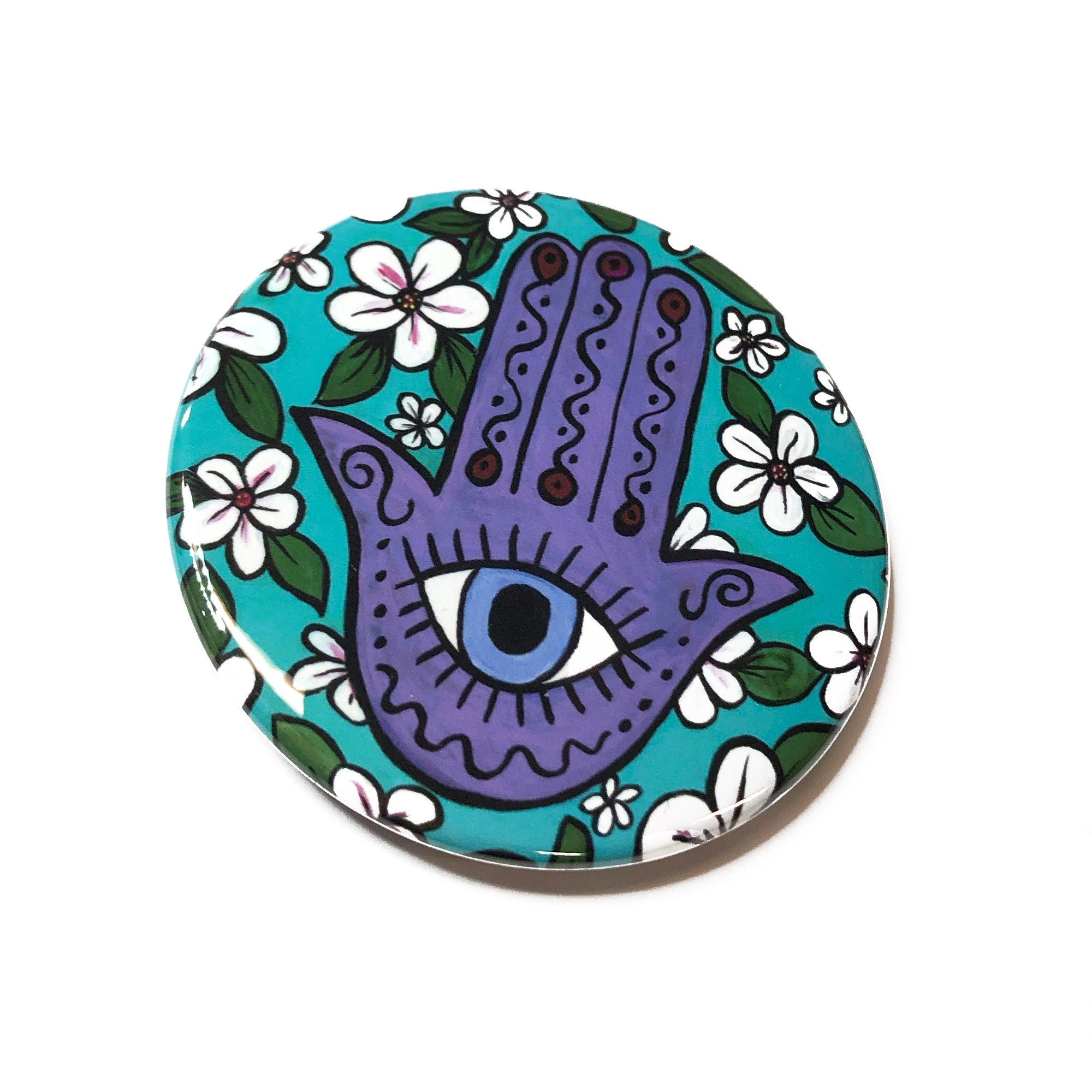 Cherry Blossom Evil Eye Hamsa Magnet, Pocket Mirror, or Pin Back Button - Hand of Protection Pinback, Fridge Magnet or Purse Mirror