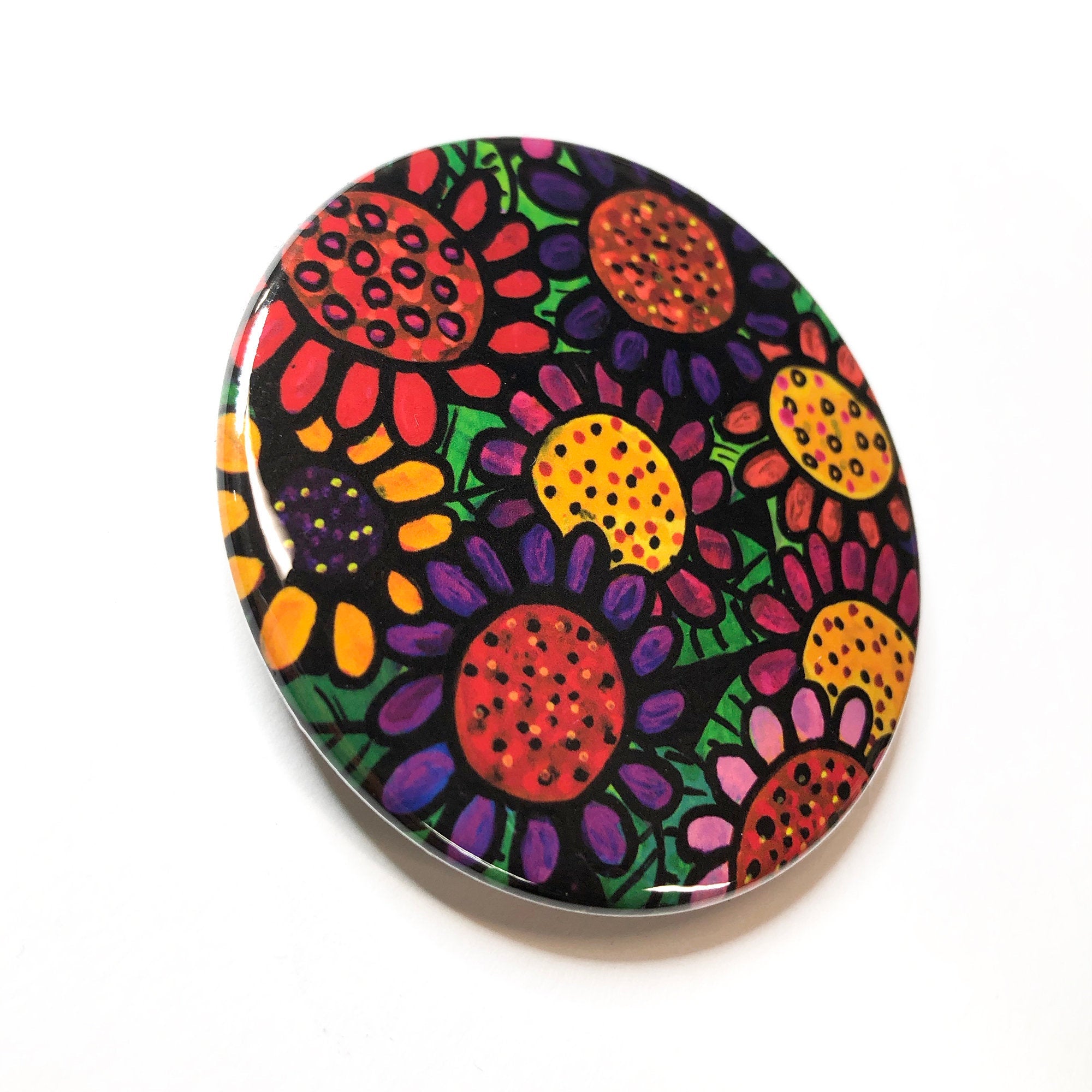 Colorful Posies Mirror, Magnet, or Pin - Whimsical Flowers - Pinback Button, Pocket Mirror, or Fridge Magnet