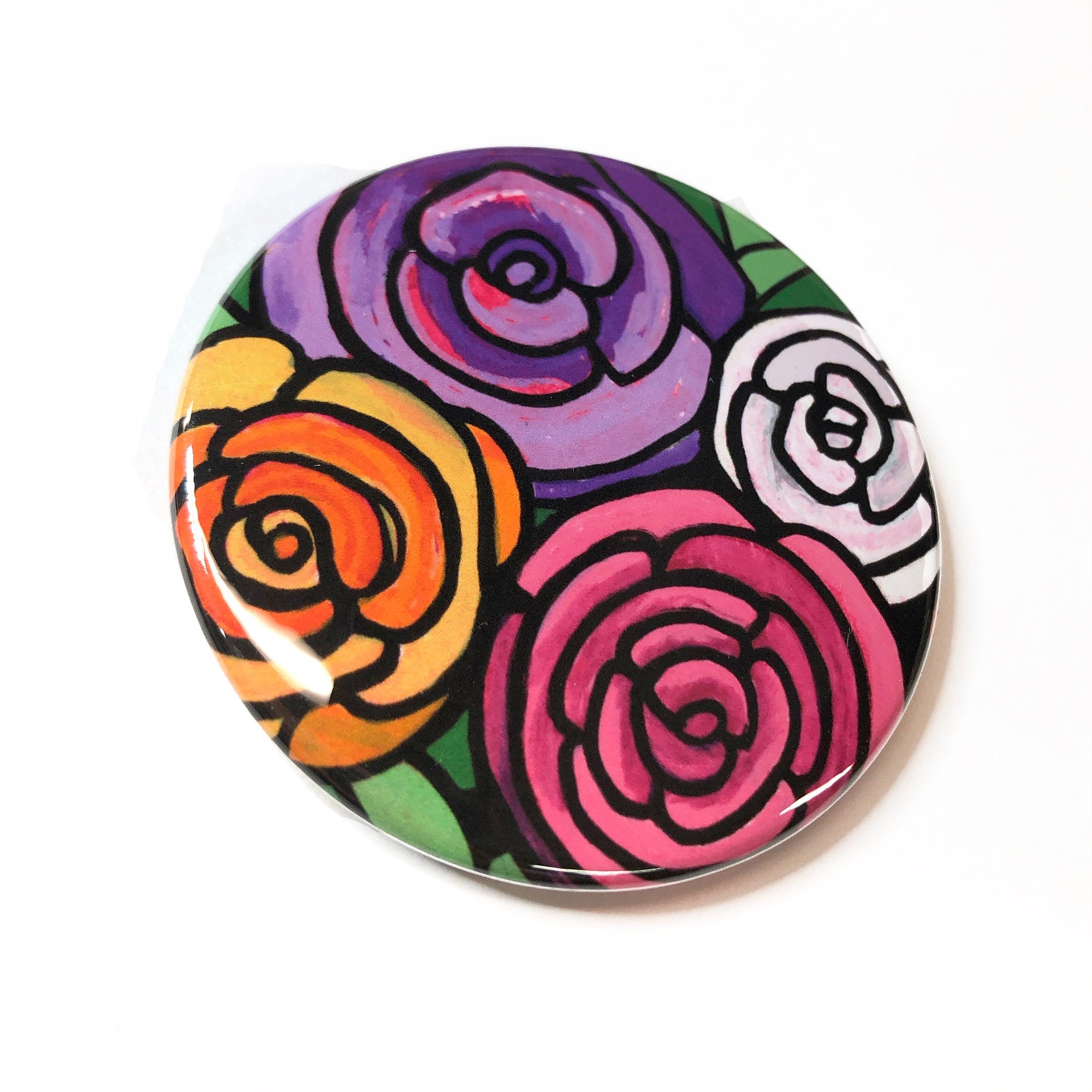Spring Rose Magnet, Pin Back Button or Pocket Mirror - Pink, Purple, Orange, and White Roses - Wedding Party Favor, Gift Under 5 Dollars