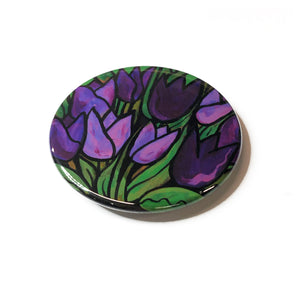 Purple Tulip Magnet, Pin Back Button, or Pocket Mirror  - Flower Magnet for Fridge, Locker, or Board or Flower Pinback or Purse Mirror