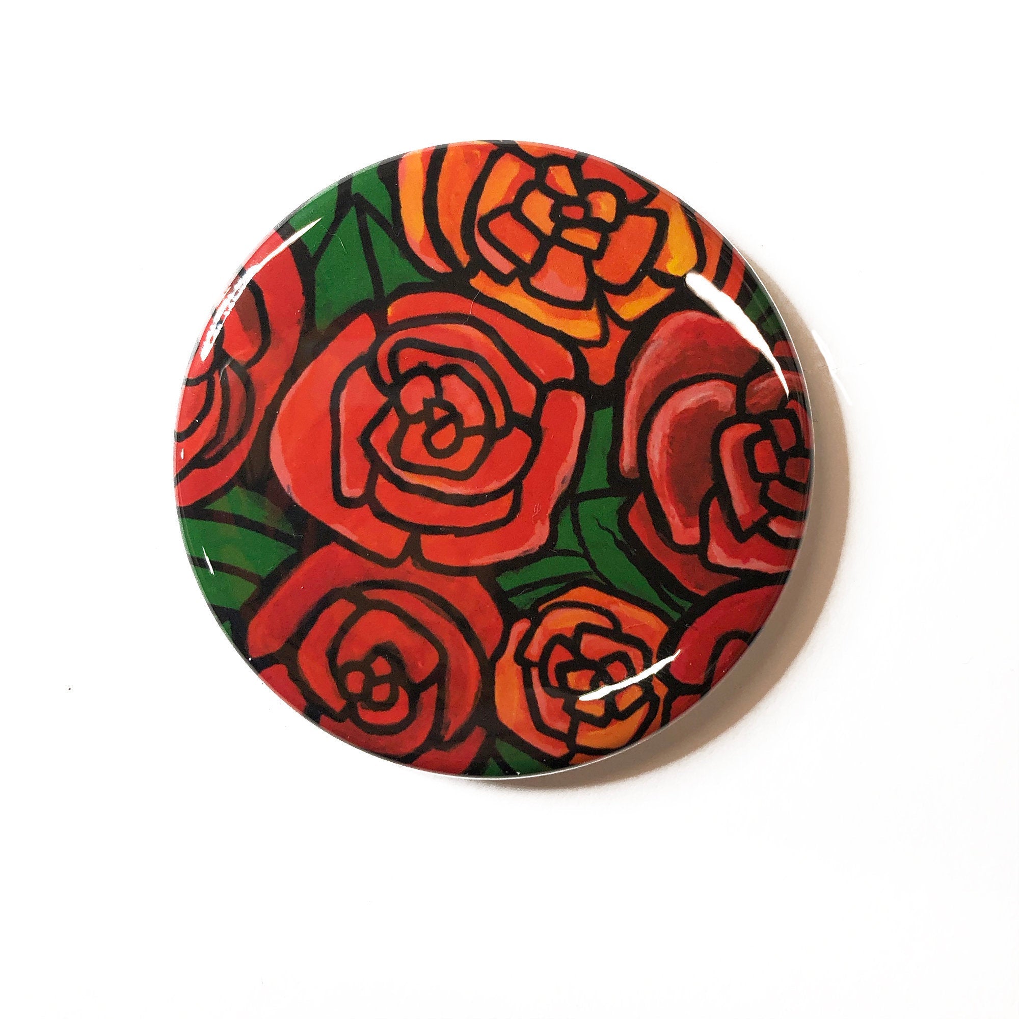 Red Roses Pocket Mirror, Fridge Magnet, or Pin Back Button - Floral Party Favor, Stocking Stuffer, Gift Under 5 dollars