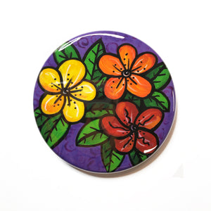 Happy Flower Magnet, Pin Back Button or Pocket Mirror - Colorful Floral Magnet for Fridge, Locker, or White Board, Flower Pin, Purse Mirror