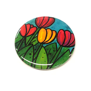 Happy Tulip Magnet, Pin Back Button, or Pocket Mirror  - Whimsical Flower Magnet for Fridge, Locker, or Board - Pinback or Purse Mirror