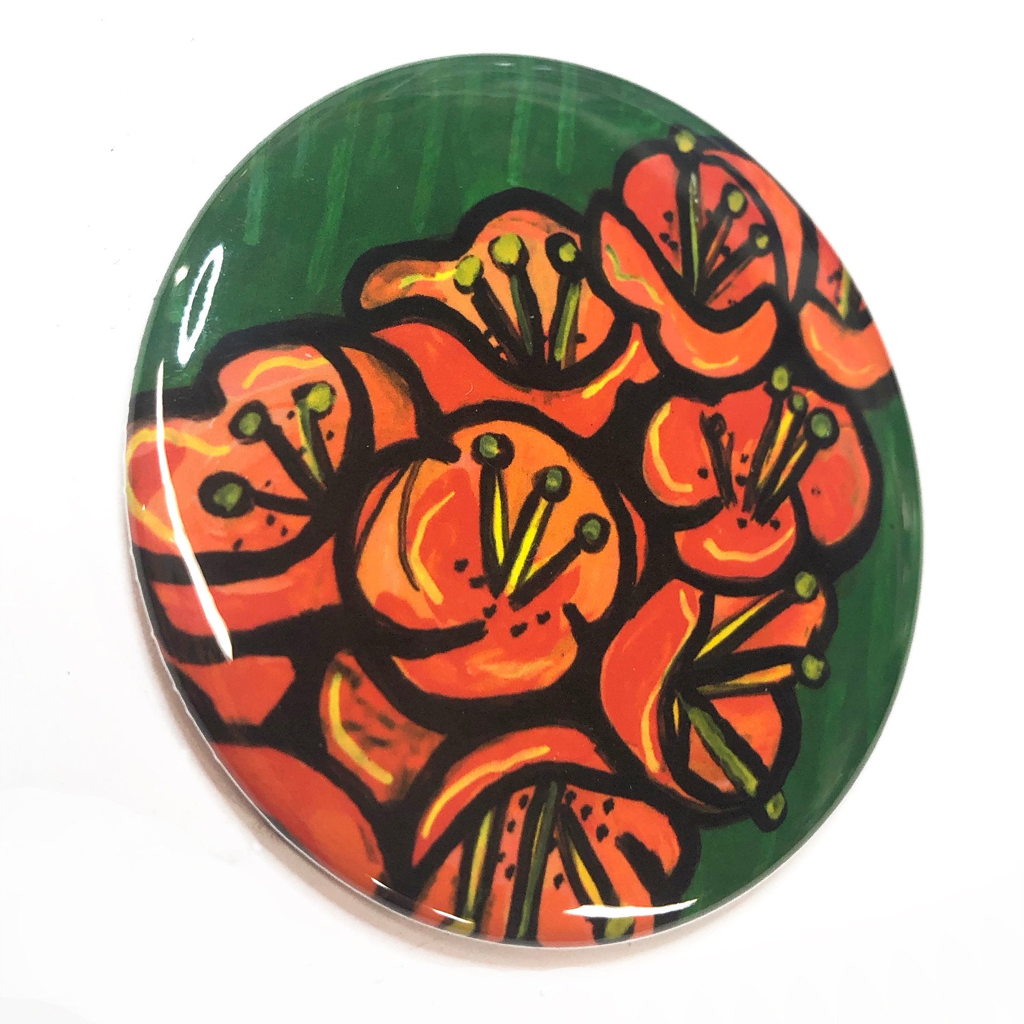 Tropical Orange Flower Magnet, Pin, or Pocket Mirror  - Orange Floral Magnet for Fridge, Locker, or Board, Pinback Button or Purse Mirror