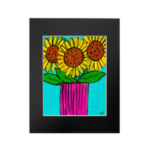 Sunflower Art Print - Sun Flower Print - Happy Floral Still Life with Vase - 8x10 inches with optional black mat by Claudine Intner