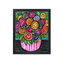 Bowl of Roses Print - Colorful Rose Art - Whimsical Floral Still Life - 8x10 with Optional Black Mat by Claudine Intner