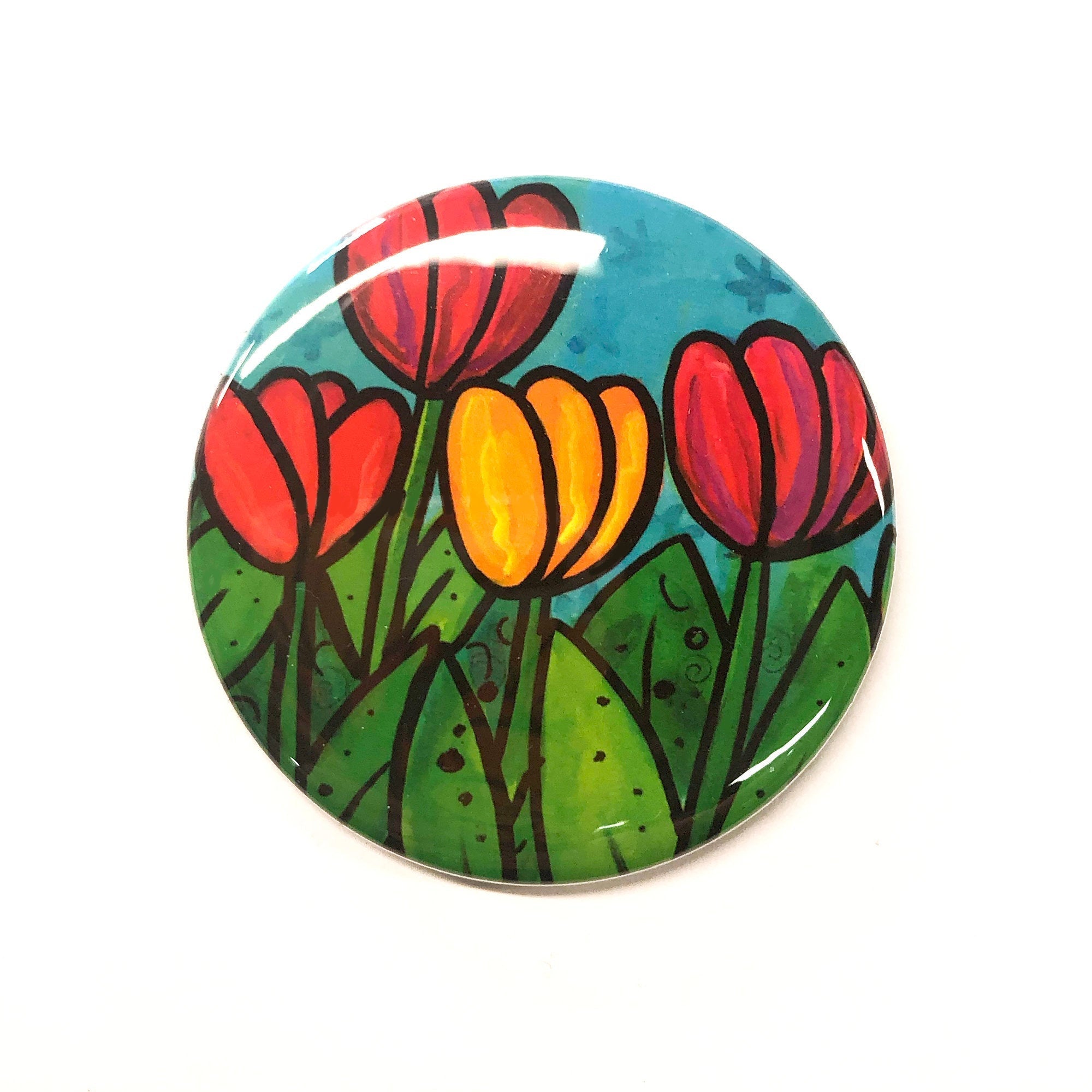 Happy Tulip Magnet, Pin Back Button, or Pocket Mirror  - Whimsical Flower Magnet for Fridge, Locker, or Board - Pinback or Purse Mirror