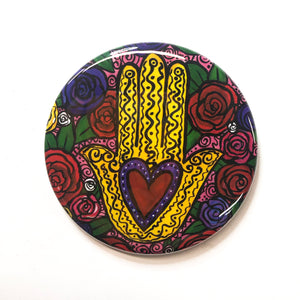 Red Rose Hamsa Magnet, Pin Back Button, or Pocket Mirror -  Heart In Hand Fridge Magnet, Purse Mirror, or PinBack Button - Yellow Hamsa