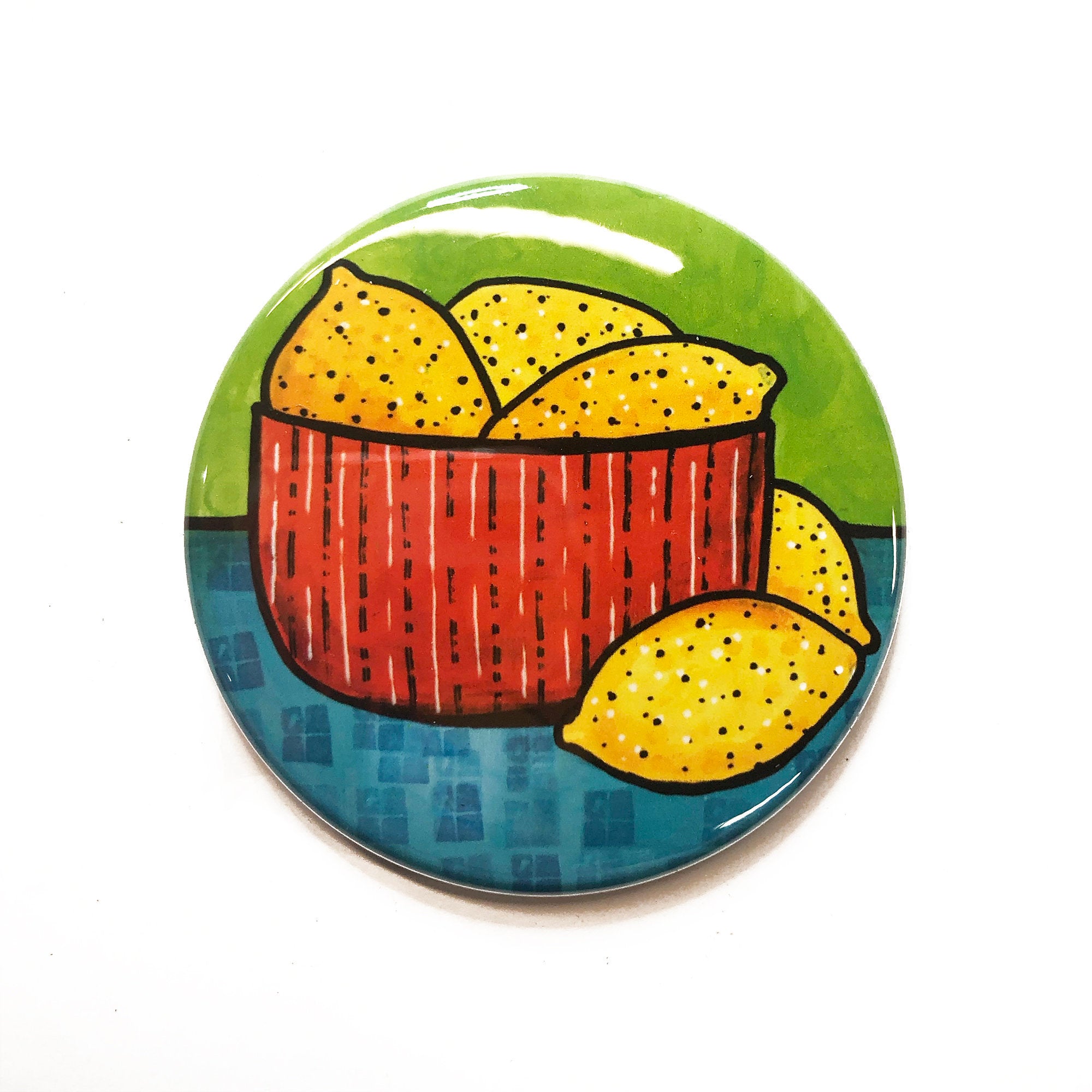 Lemon Magnet, Fruit Pin Back Button, or Pocket Mirror -  Yellow Fruit Refrigerator or Fridge Magnet, Healthy Food Pinback Button, or Mirror