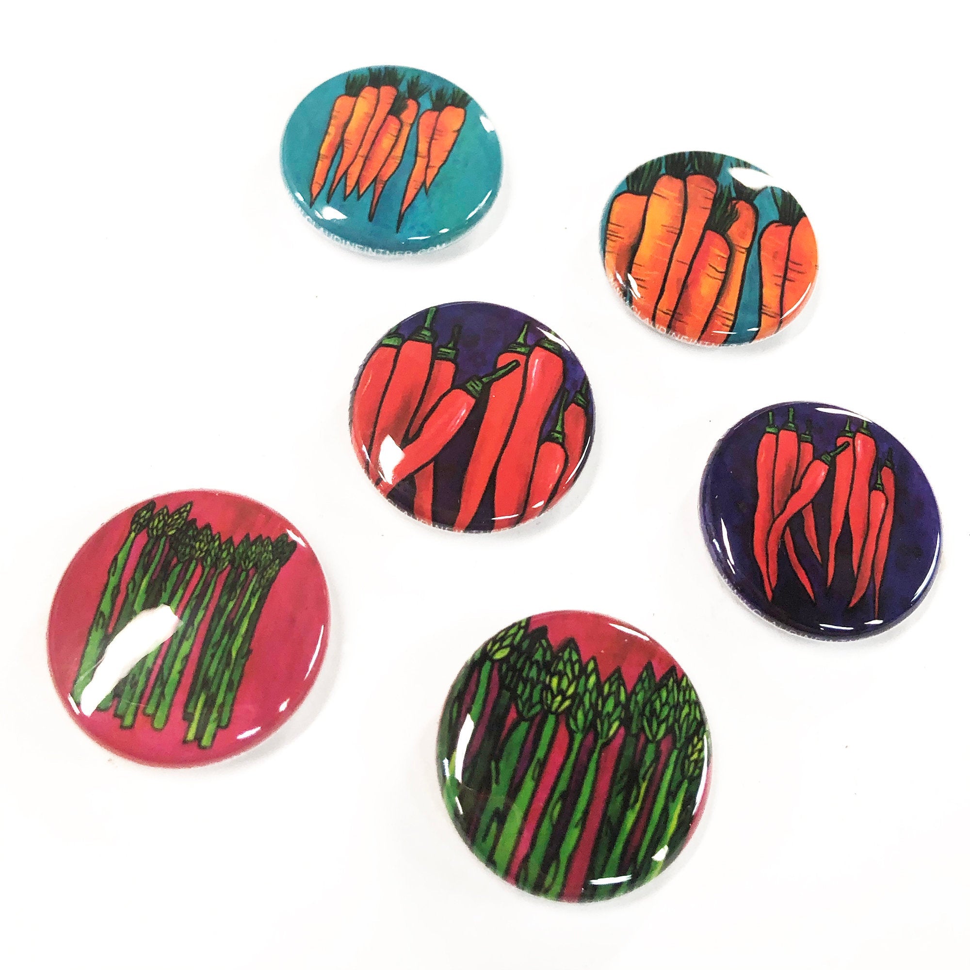 Vegetable Magnet or Pin Set with Carrots, Chili Peppers, and Asparagus