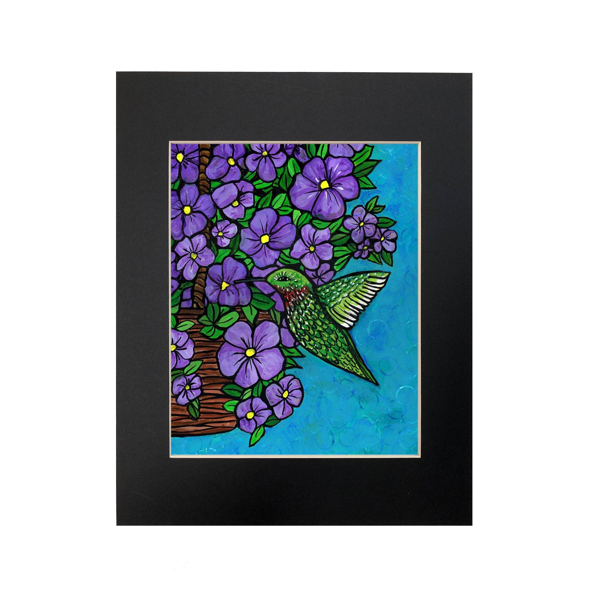 Hummingbird Art Print - Green Humming Bird with Purple Petunia Flowers - 8x10 Colorful Bird Print with Optional Black Mat - Animal Art