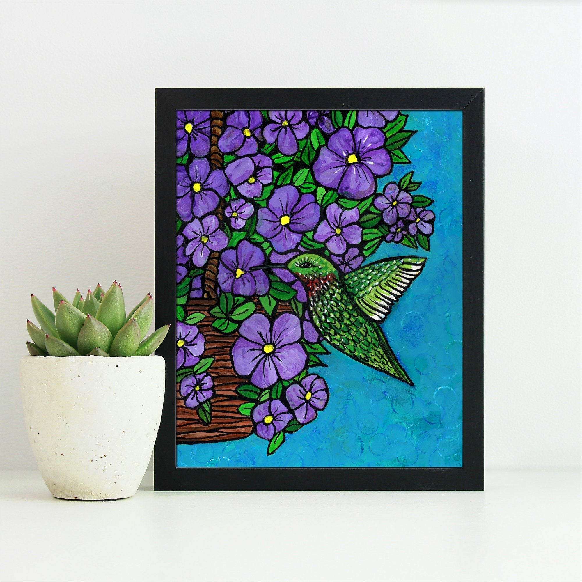 Hummingbird Art Print - Green Humming Bird with Purple Petunia Flowers - 8x10 Colorful Bird Print with Optional Black Mat - Animal Art