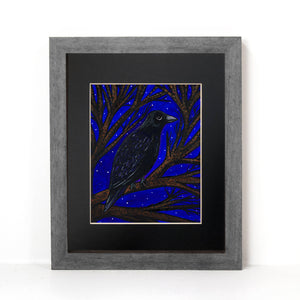 Raven Art Print - Black Bird in Tree at Night with Starry Sky - 8x10 Dark Bird Print with Optional Black Mat - Animal Art