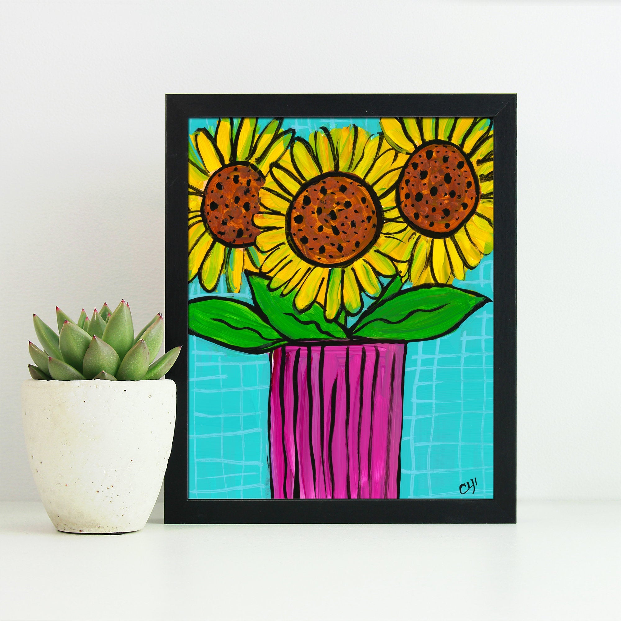 Sunflower Art Print - Sun Flower Print - Happy Floral Still Life with Vase - 8x10 inches with optional black mat by Claudine Intner