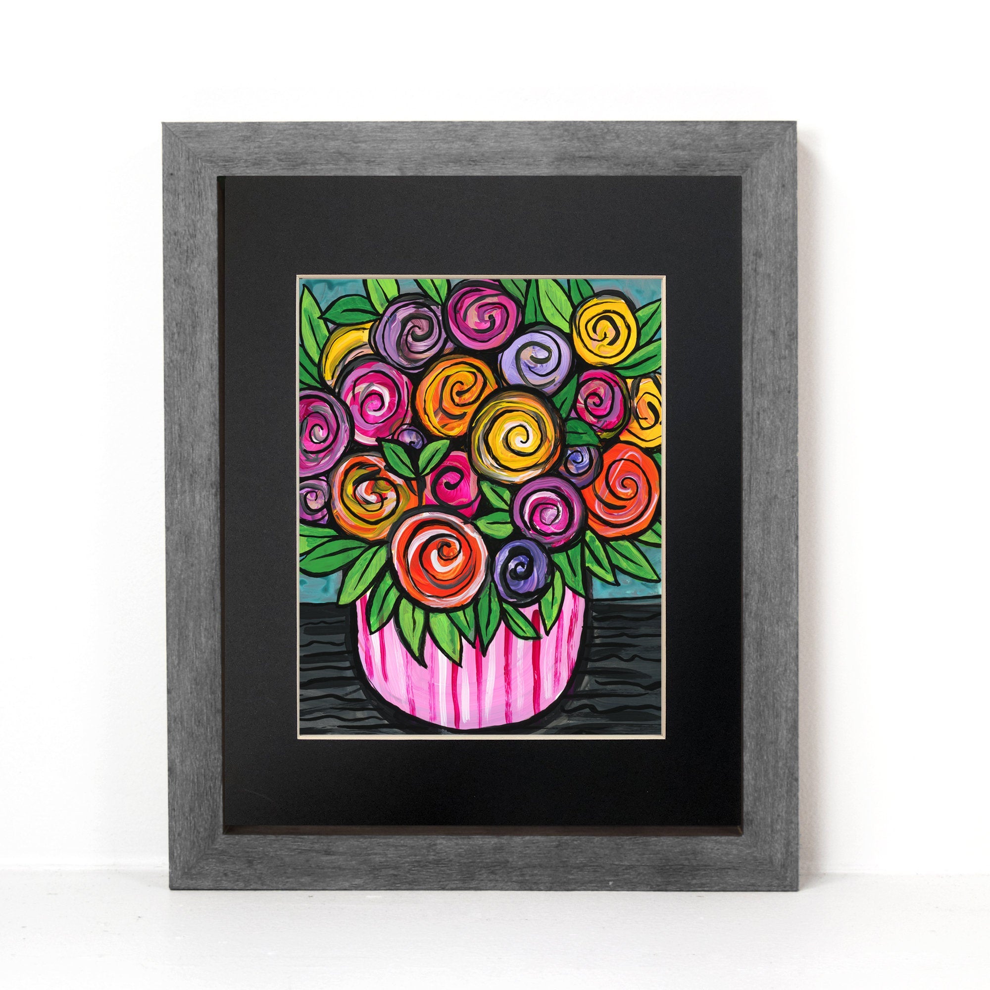 Bowl of Roses Print - Colorful Rose Art - Whimsical Floral Still Life - 8x10 with Optional Black Mat by Claudine Intner