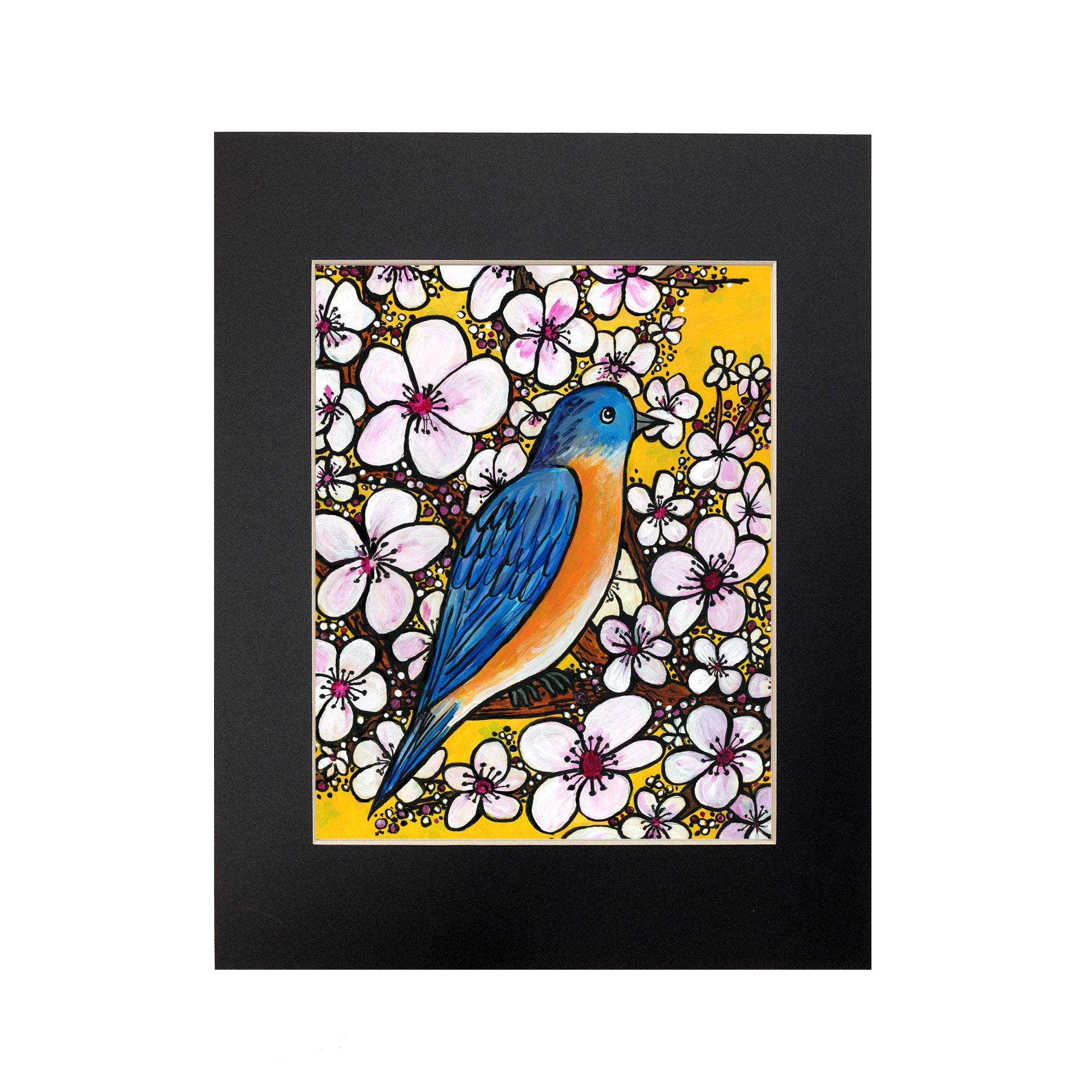 Bluebird Art Print - Blue Bird with Cherry Blossom Tree - 8 x 10 Colorful Bird Print with Optional Black Mat - Bird Lover Gift - Animal Art