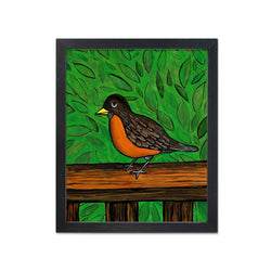 Robin Bird Art Print - Bird on Deck Railing with Green Leaves - Colorful Bird Print - 8 x 10 Inches - Bird Lover Gift - Animal Art