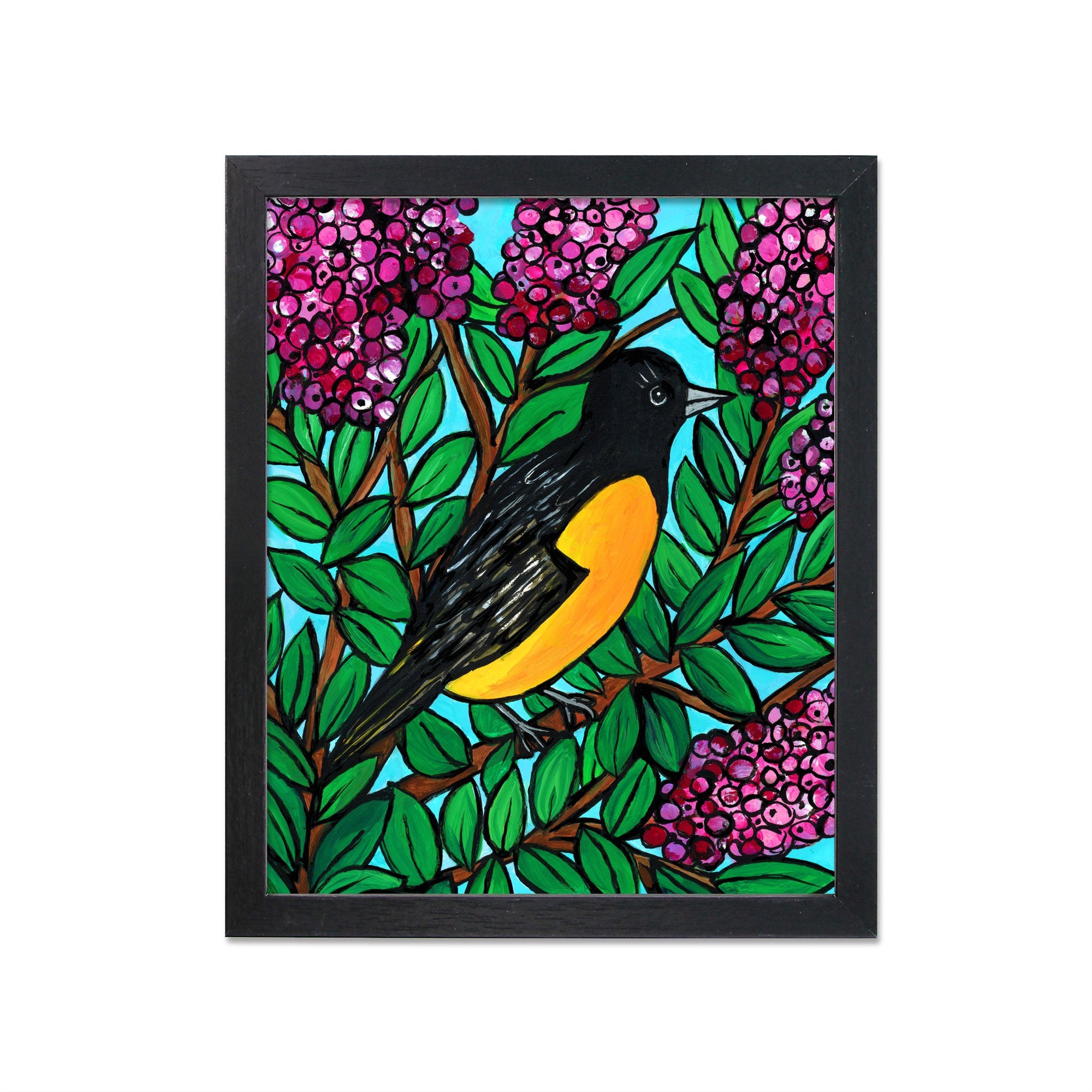Oriole Art Print - Orange and Black Bird on Crape Myrtle Tree with Pink Flowers - 8x10 Bird Print - Optional Black Mat - Animal Wall Art